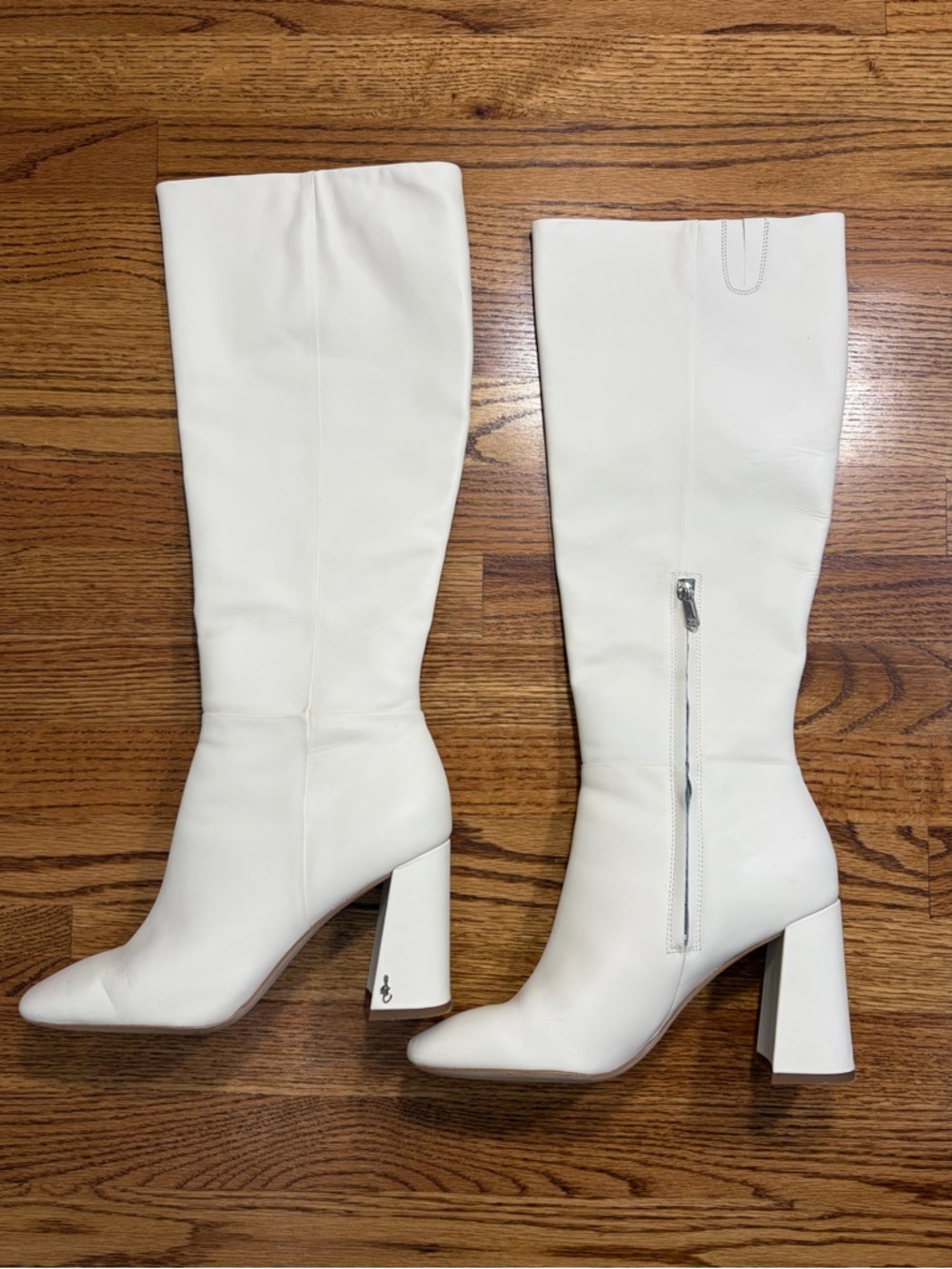 Sam Edelman Knee High 4" Block Heel Ivory Cream Leather Boots (10) - Picture 5 of 10